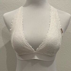 NEW Pink Victoria’s Secret Floral Lace Strappy‎ Halter Bralette XL Ivory Cream